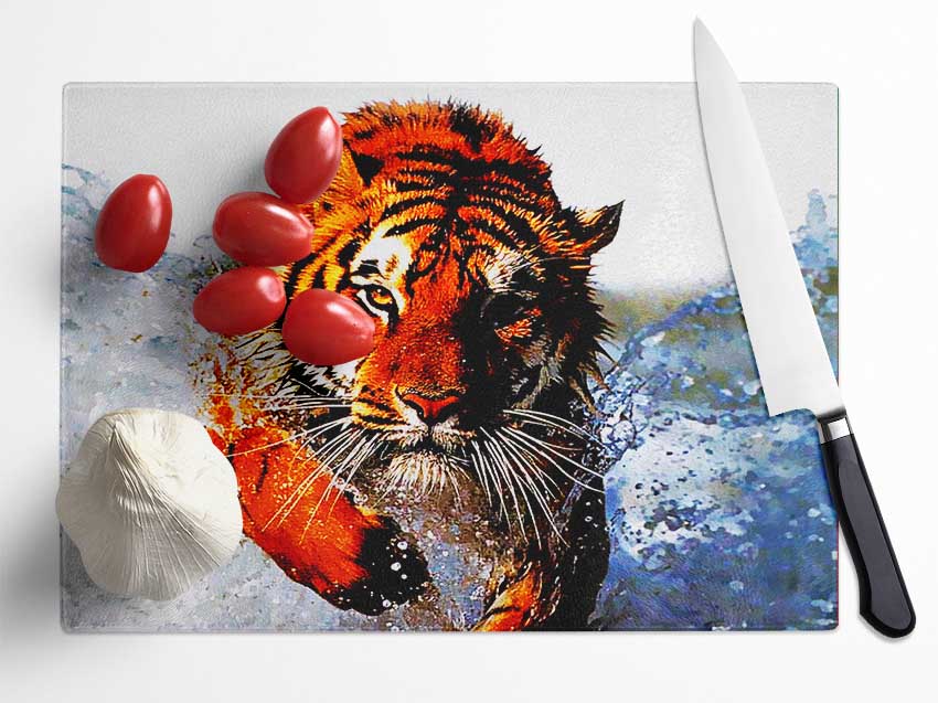 Tiger Running In Water Glass Chopping Board