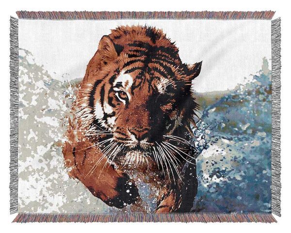 Tiger Running In Water Woven Blanket