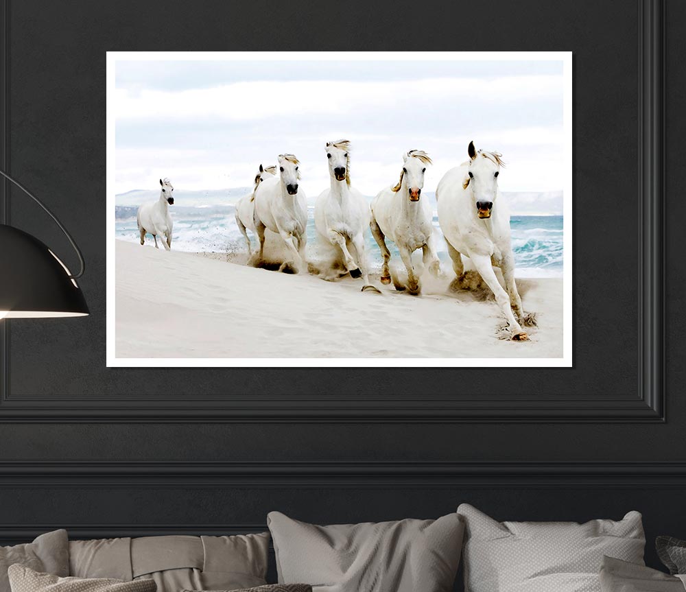 White Ocean Horses Print Poster Wall Art