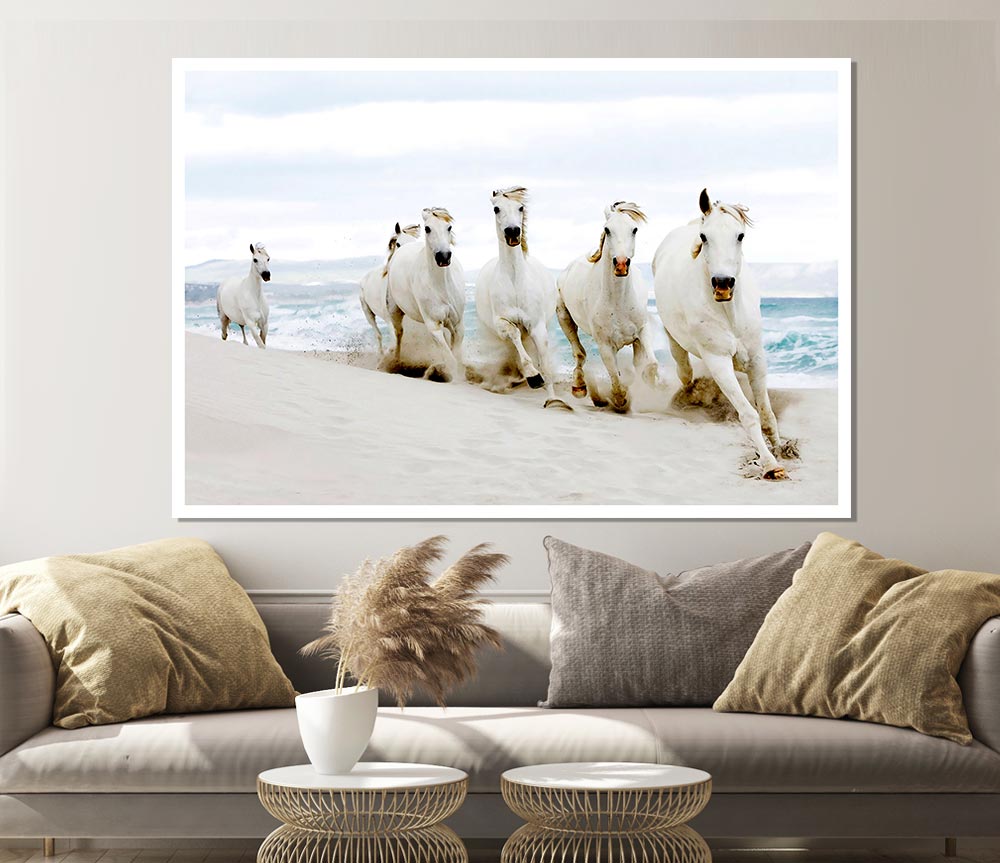 White Ocean Horses Print Poster Wall Art