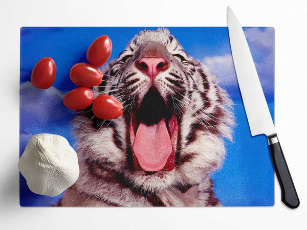 White Tiger Yawn Glass Chopping Board