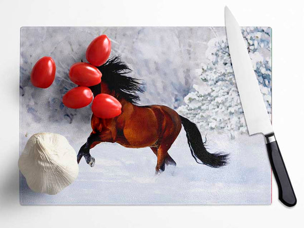 Wild Horse In The Snow Glass Chopping Board