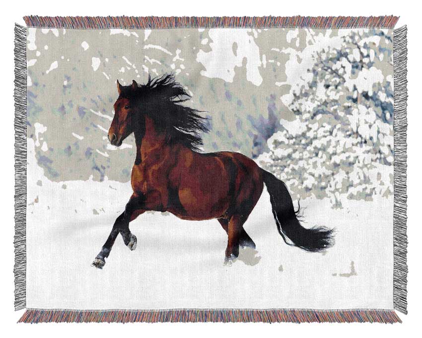 Wild Horse In The Snow Woven Blanket