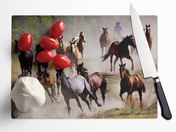 Wild Horse Stampede Glass Chopping Board