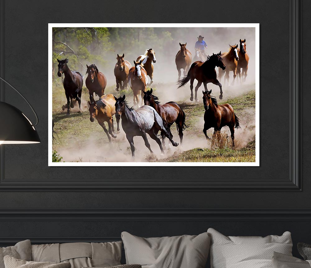 Wild Horse Stampede Print Poster Wall Art