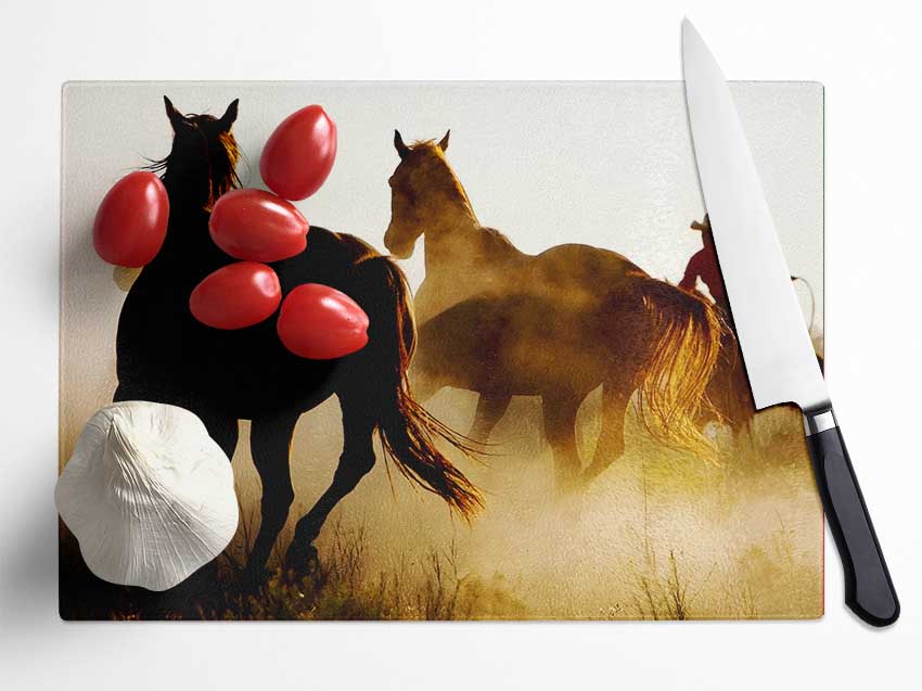 Wild Horses At Sunset Glass Chopping Board