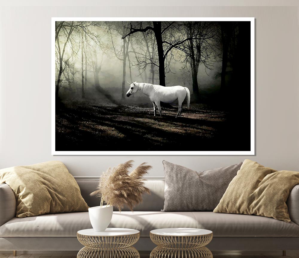 Wild White Unicorn In The Woodland Print Poster Wall Art