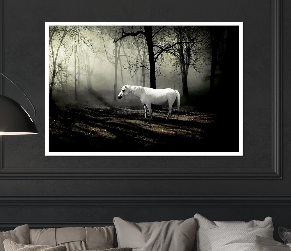 Wild White Unicorn In The Woodland Print Poster Wall Art