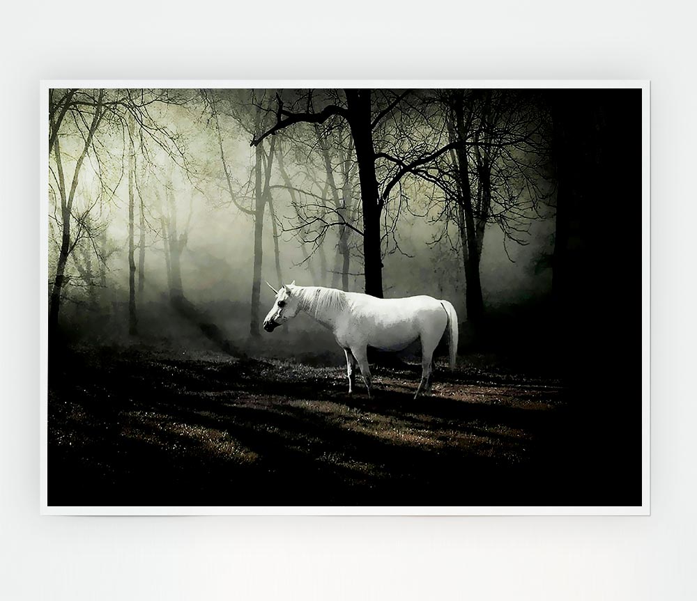 Wild White Unicorn In The Woodland Print Poster Wall Art