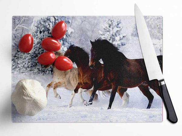 Wild Winter Horses Running Glass Chopping Board