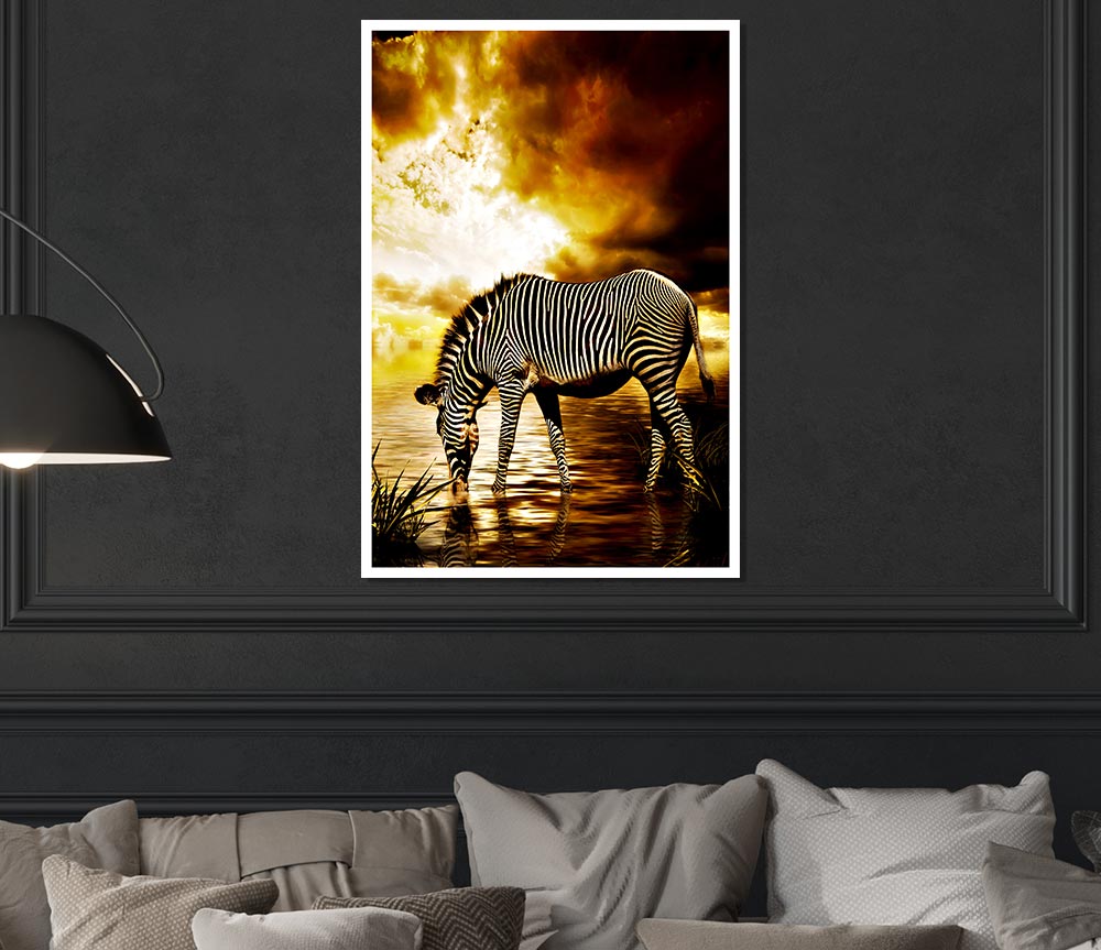 Zebra In The Golden River Print Poster Wall Art