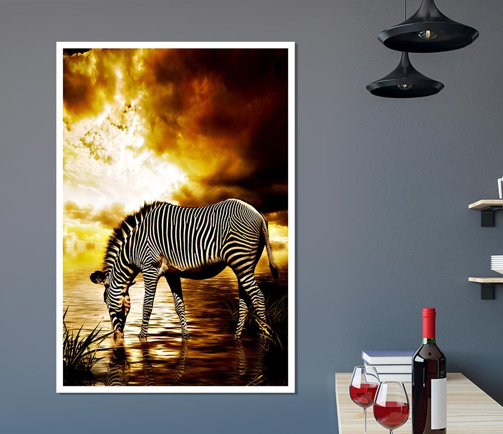 Zebra In The Golden River Print Poster Wall Art