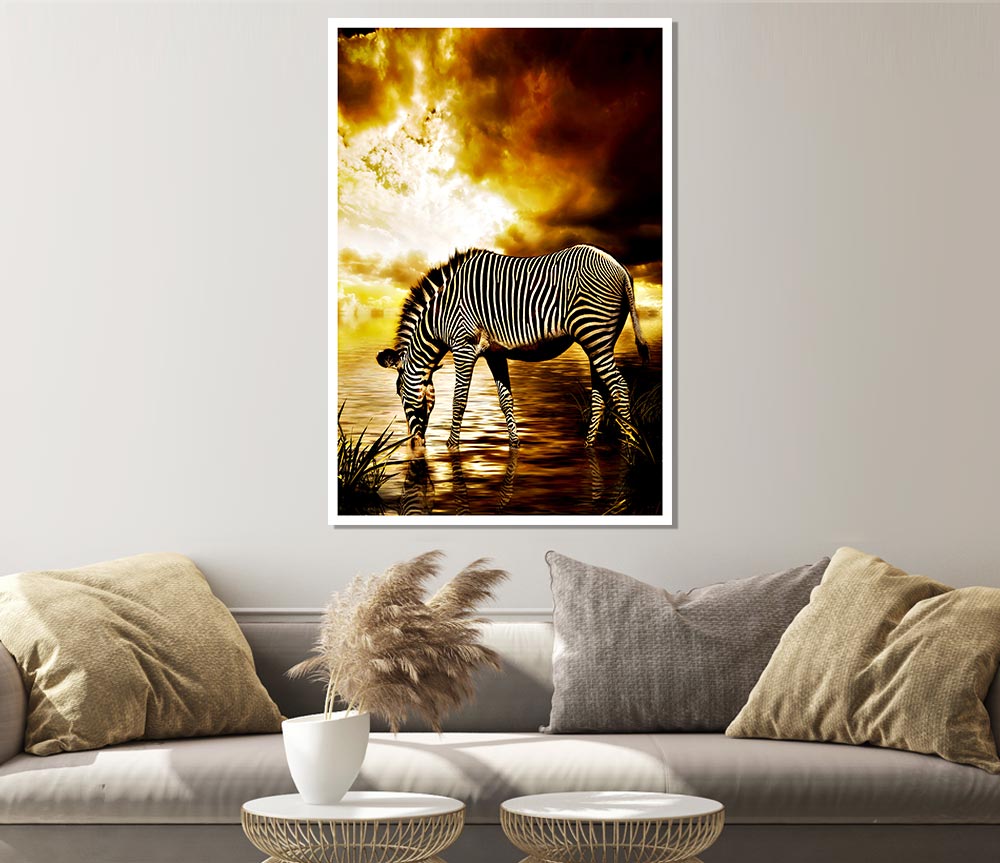 Zebra In The Golden River Print Poster Wall Art