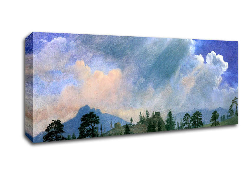 Picture of Bierstadt Fir Trees And Storm Clouds Panoramic Canvas Wall Art