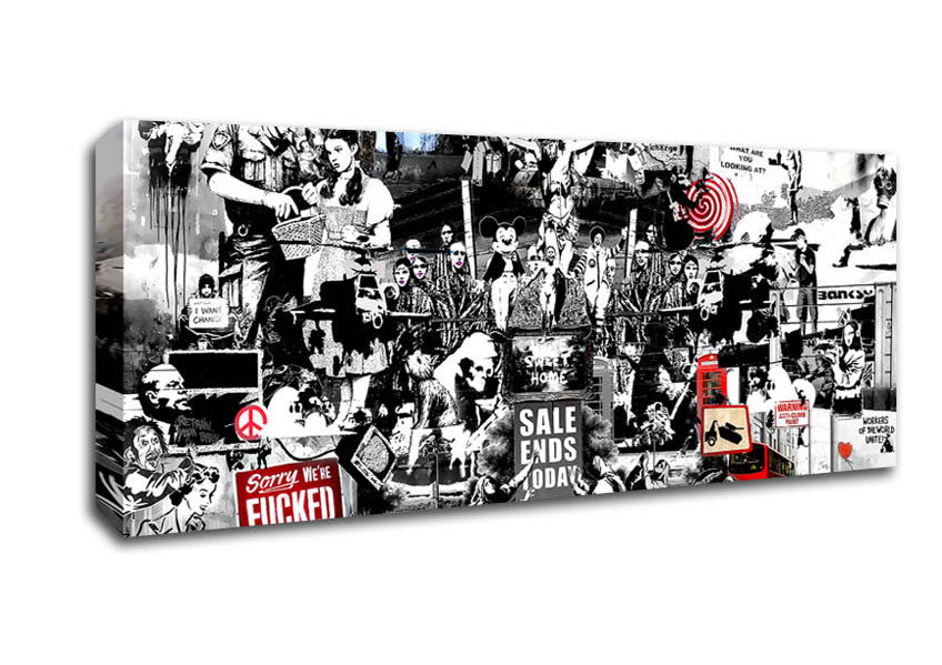 Picture of Banksy Collage 1 B n W Panoramic Canvas Wall Art