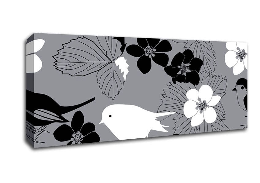 Picture of Songbird Petals Grey Panoramic Canvas Wall Art