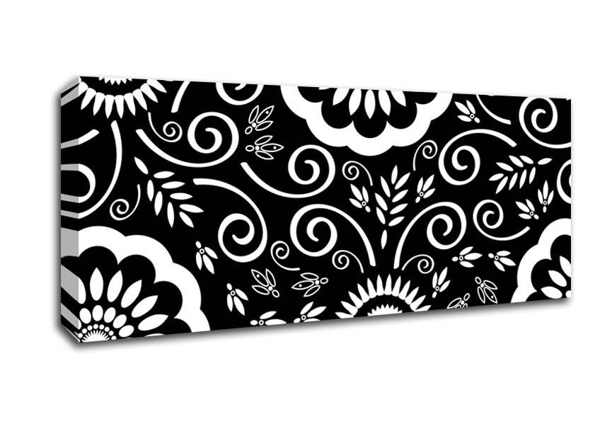 Picture of Flock Of Flowers White On Black Panoramic Canvas Wall Art