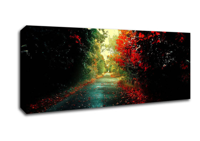 Picture of Red Trees On The Autumn path Panoramic Canvas Wall Art