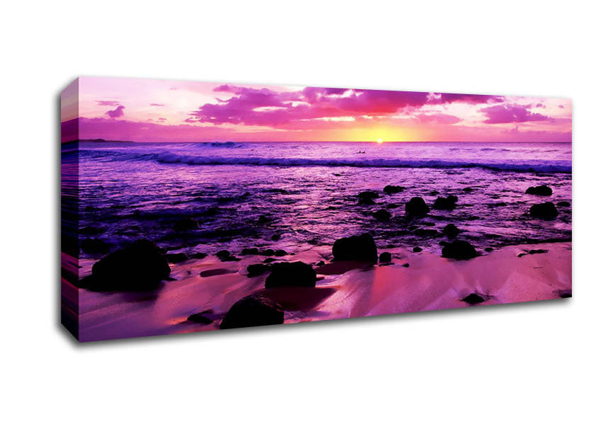 Picture of Purple Ocean Sunrise Rocks Panoramic Canvas Wall Art