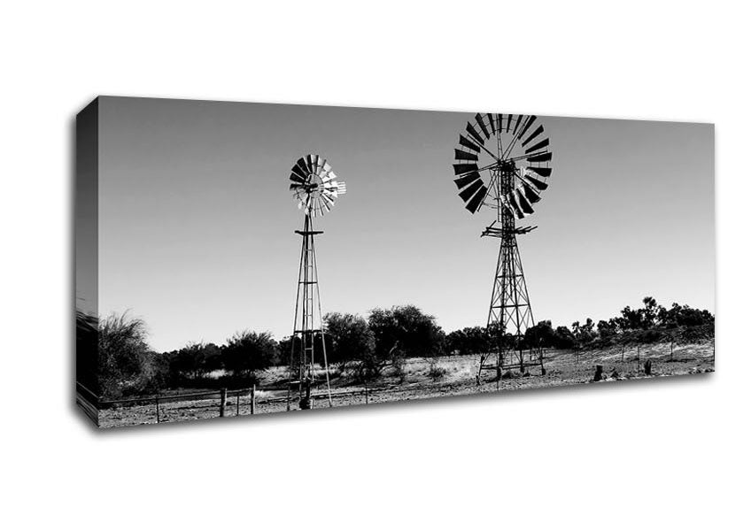 Picture of Windmills In The Desert B n W Panoramic Canvas Wall Art