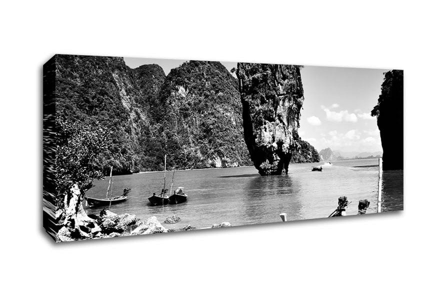 Picture of Paradise Island Boats B n W Panoramic Canvas Wall Art