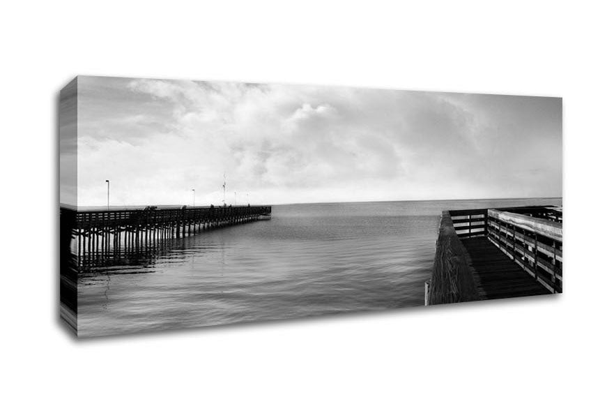 Picture of Twin Pier Ocean B n W Panoramic Canvas Wall Art