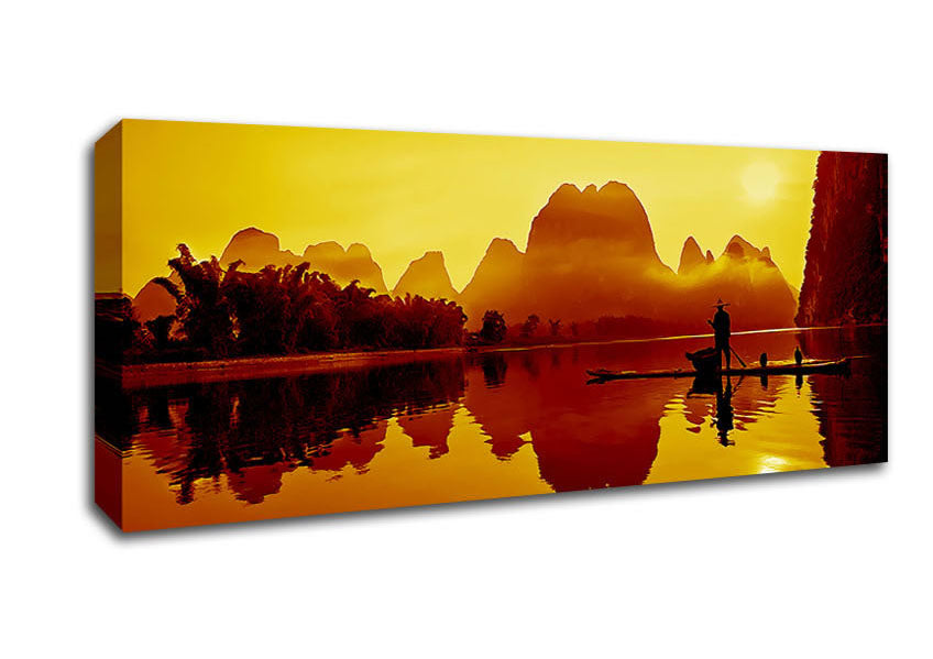 Picture of Fisherman Reflection Caramel Panoramic Canvas Wall Art