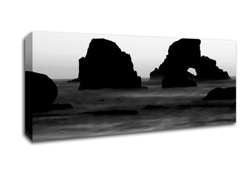 Picture of Black And White Ocean Flows To The Rocks Panoramic Canvas Wall Art