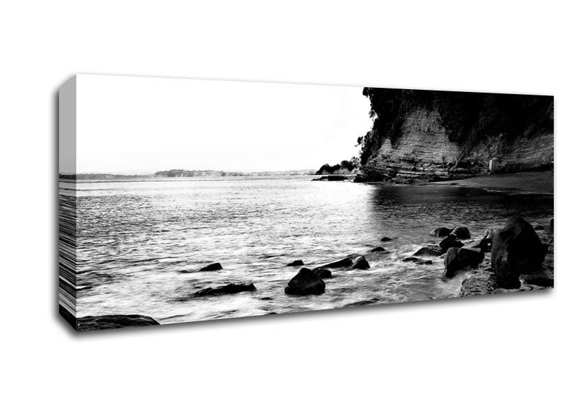 Picture of Black And White Sparkle Ocean Rocks Panoramic Canvas Wall Art