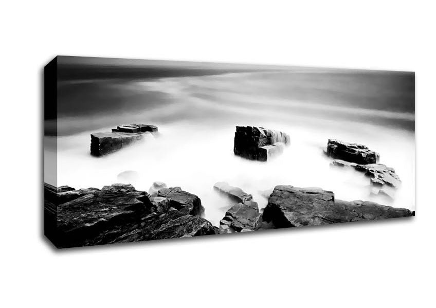 Picture of Misty Ocean Rocks Black n White Panoramic Canvas Wall Art