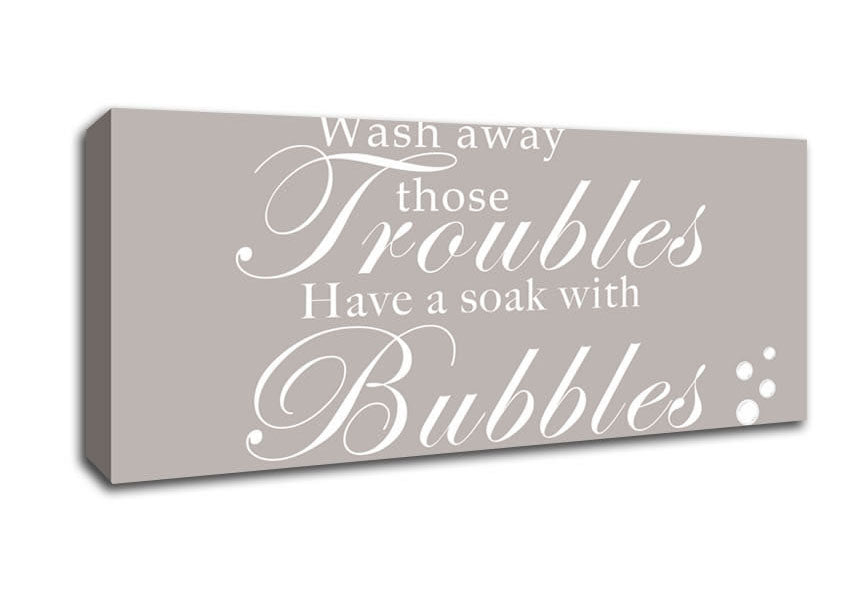 Picture of Bathroom Quote Wash Away Those Troubles Bubbles Beige Panoramic Canvas Wall Art