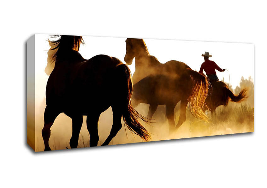 Picture of Horses-Running At Sunset Panoramic Canvas Wall Art