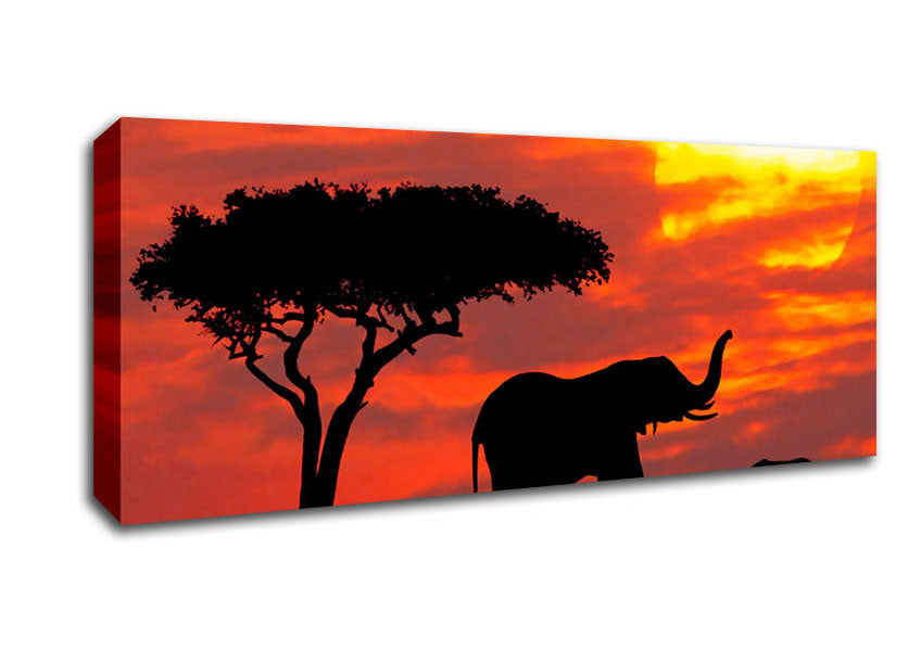 Picture of Mother And Baby Elephant Silhouetted At Sunrise Kenya Panoramic Canvas Wall Art