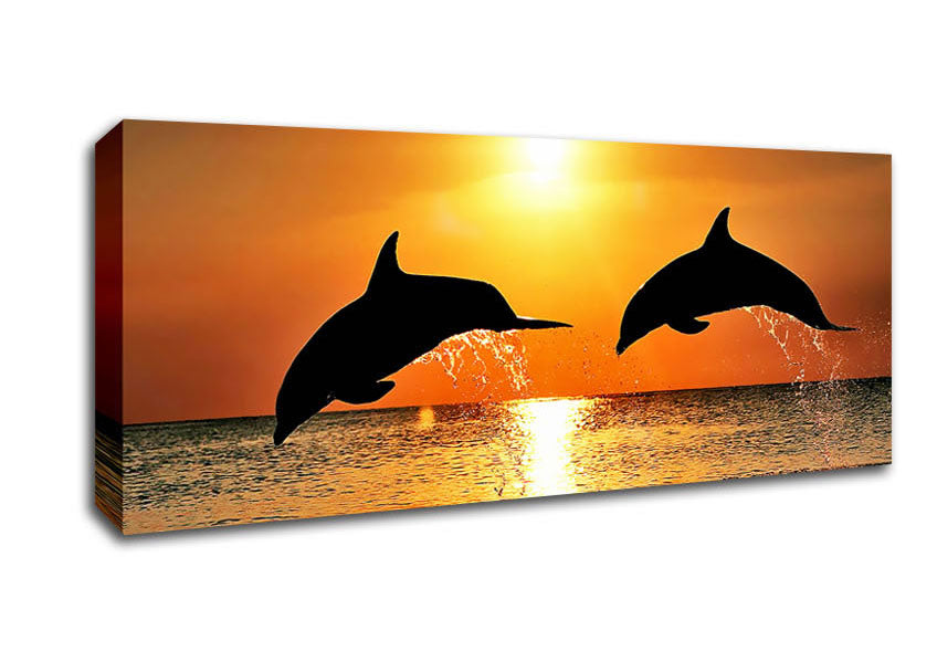 Picture of Sunset Dolphins Panoramic Canvas Wall Art