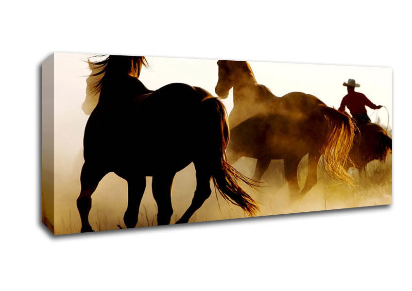 Picture of Wild Horses At Sunset Panoramic Canvas Wall Art