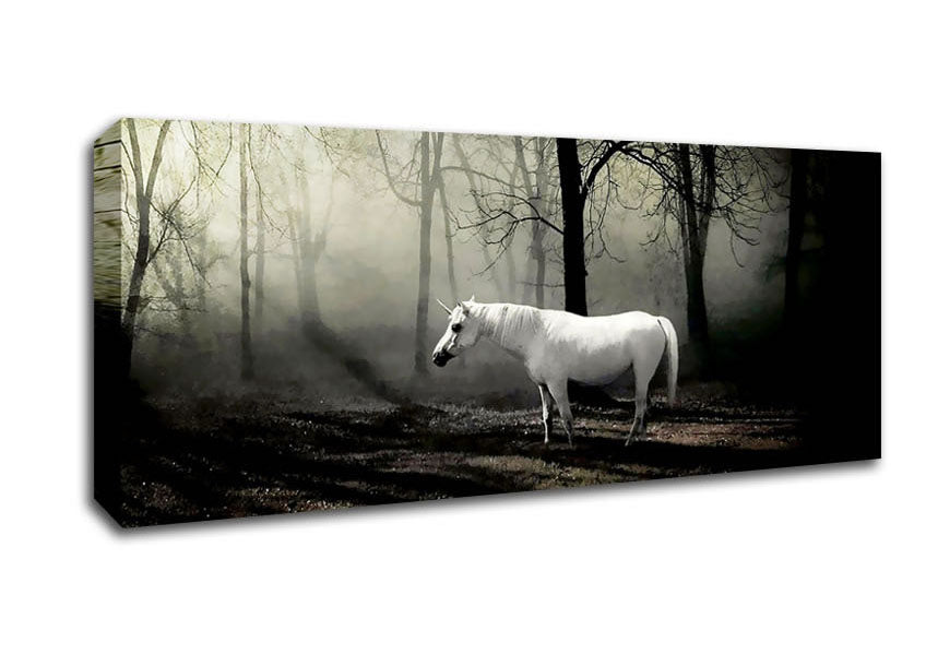 Picture of Wild White Unicorn In The Woodland Panoramic Canvas Wall Art