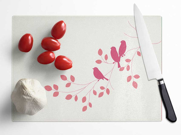 Pink Bird Leaves Glass Chopping Board