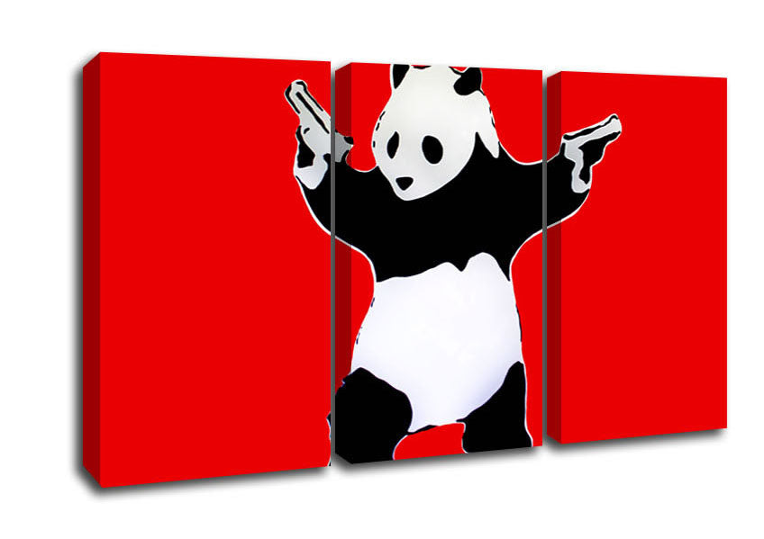 Picture of Panda Hold-Up Red 3 Panel Canvas Wall Art