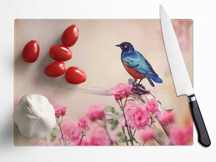 Blue Bird In The Cherry Blossom Glass Chopping Board