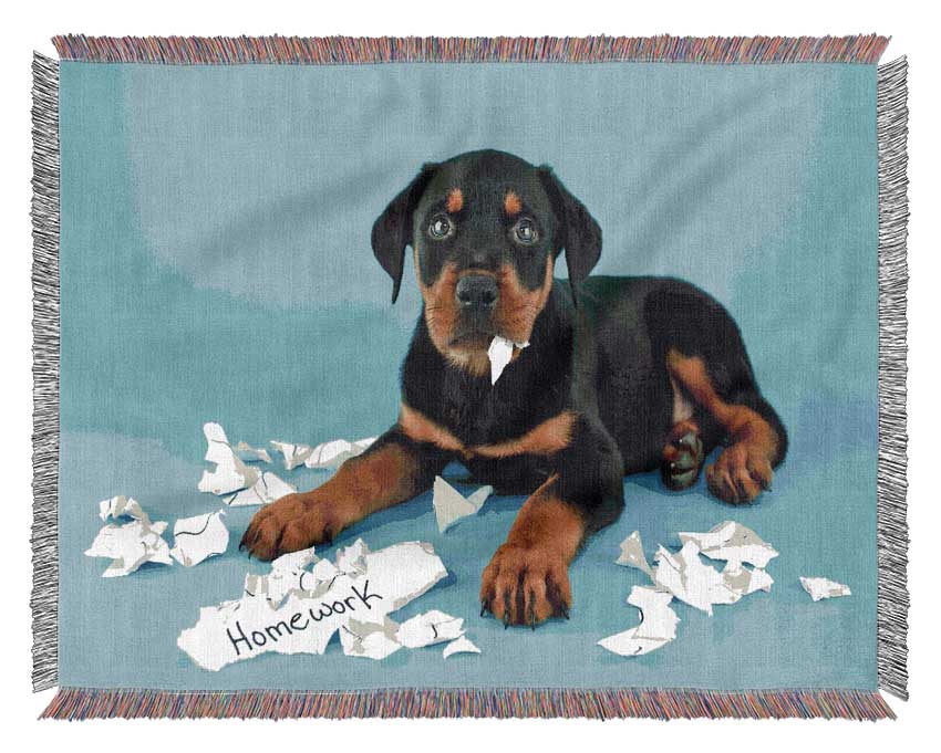 Naughty Rottweiler Puppy Dog Woven Blanket