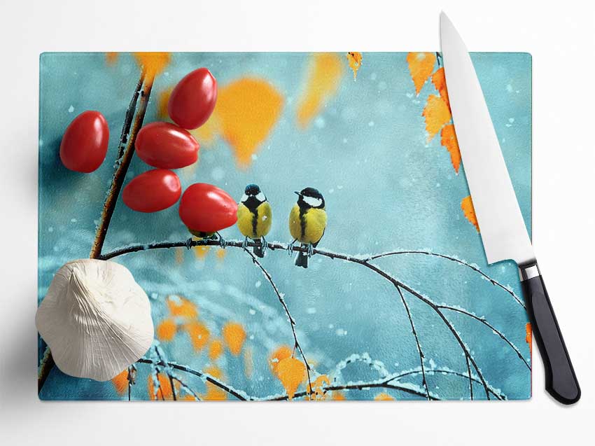 Blue Tit Birds Winter Glass Chopping Board