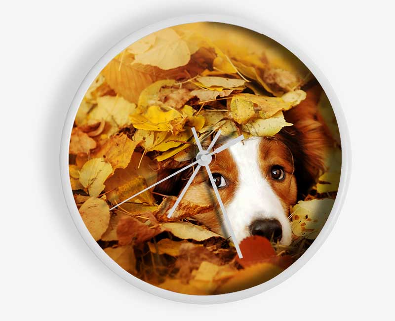 Dog In Autumn Leaves Clock - Wallart-Direct UK