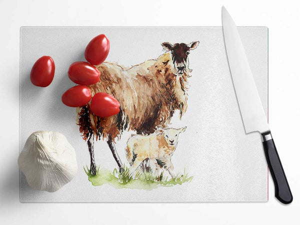 Mother and Baby Lambs Glass Chopping Board