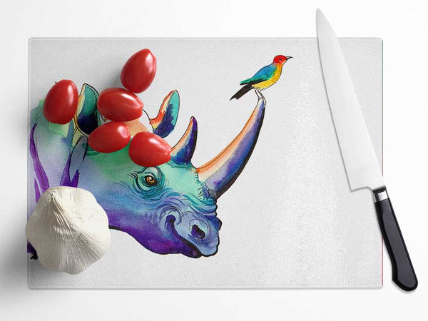 Rainbow Rhino Bird Glass Chopping Board