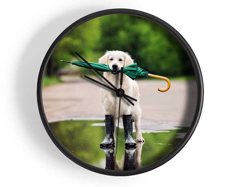 Dog Ready For A Walk In The Rain Clock - Wallart-Direct UK