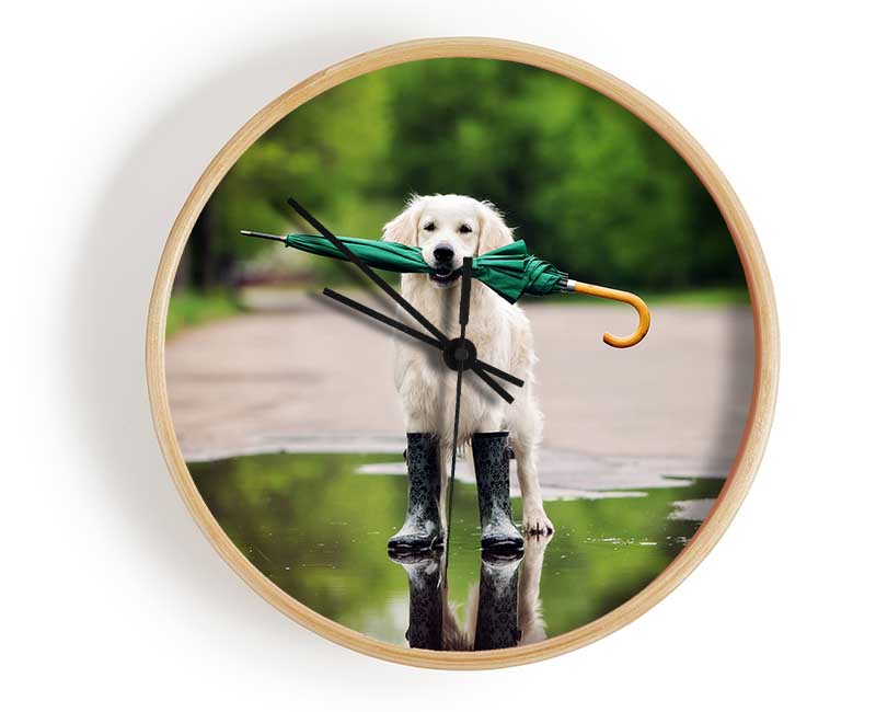 Dog Ready For A Walk In The Rain Clock - Wallart-Direct UK