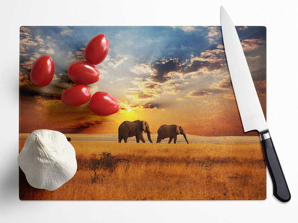 Elephant duo sunset Glass Chopping Board