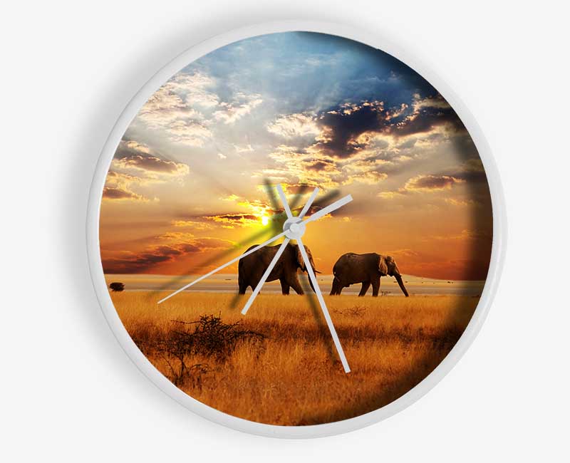 Elephant duo sunset Clock - Wallart-Direct UK