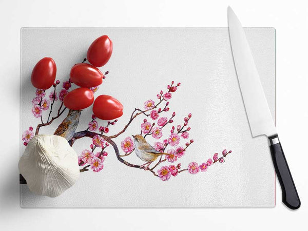 Cherry Tree Love Birds Glass Chopping Board