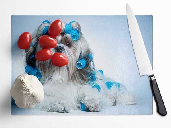 Shih Tzu Dog In Curlers Glass Chopping Board